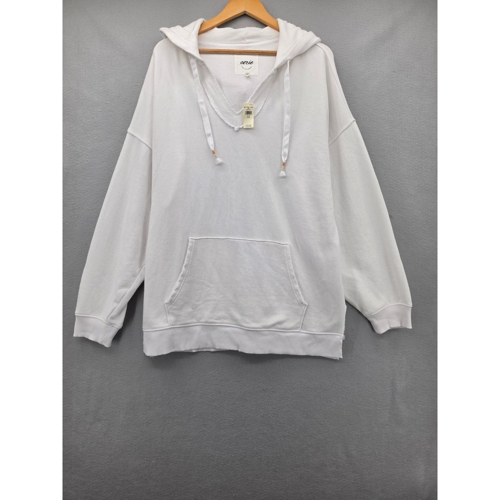 Aerie White Oversized Hoodie V-Neck Raw Hem Sweatshirt NWT Medium Beach Coastal